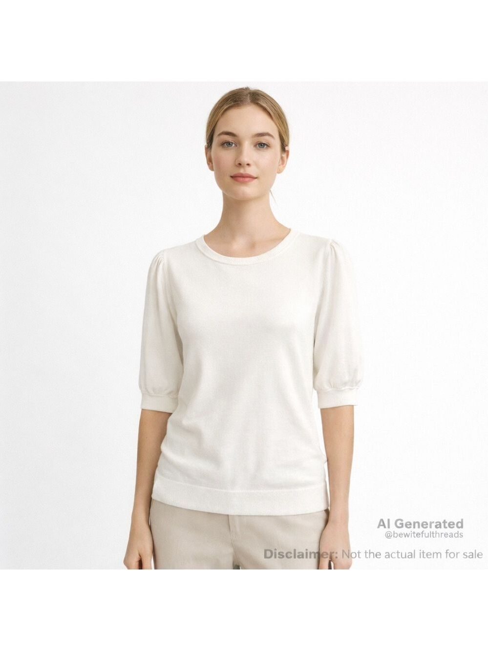 White Puff Sleeve Knit Top Soft Stretch Crewneck Capsule Wardrobe M
